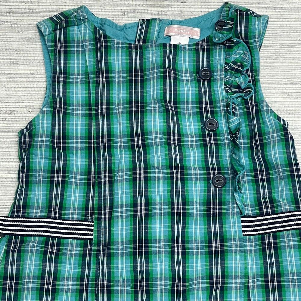 Old Navy 5T Girls summer spring plaid button ruffles green navy dress D50 - Picture 3 of 5